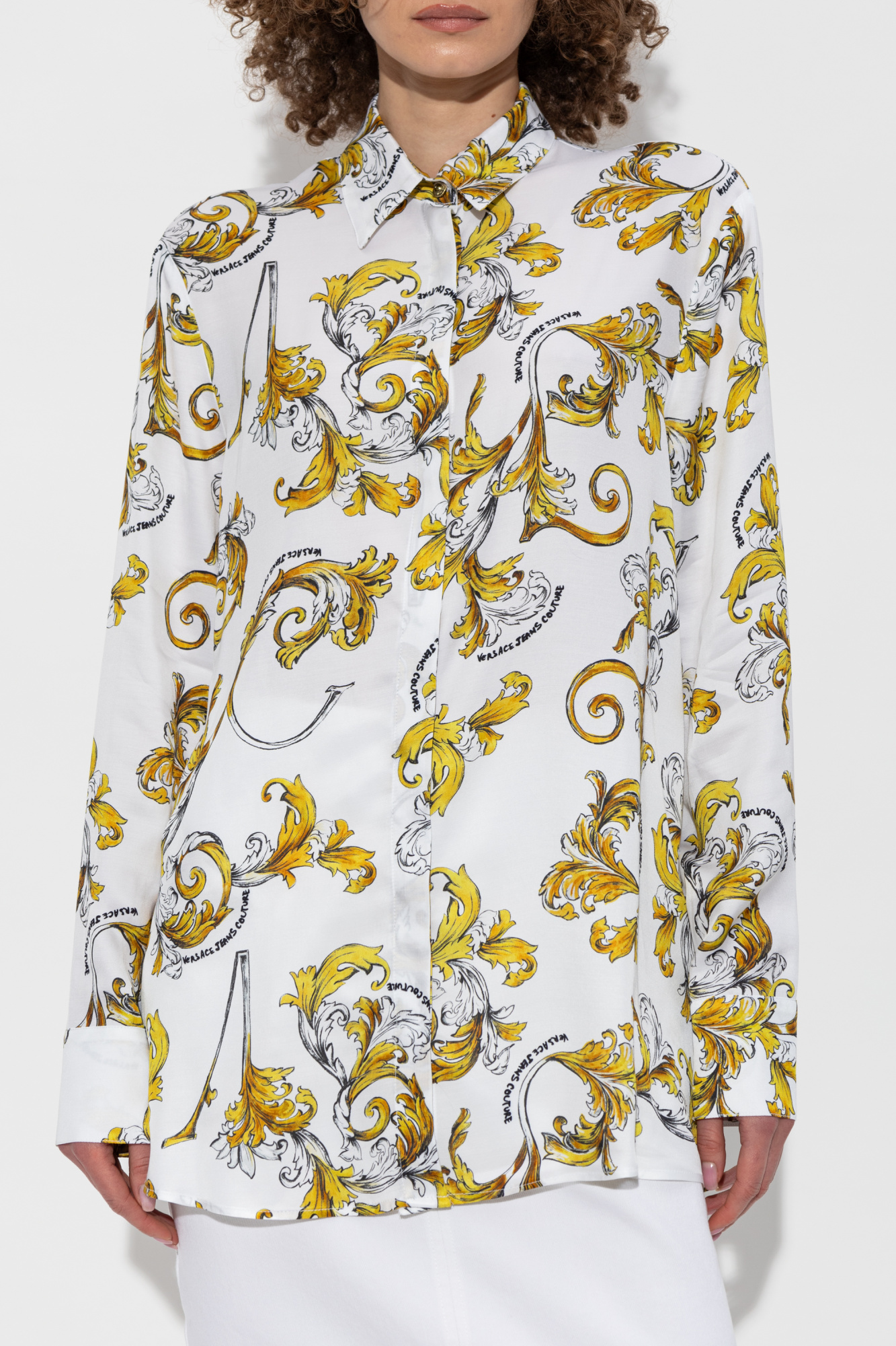 【Versace JEANS】Barocco 長袖 ボタンダウン シャツ White Shirt with Outline Barocco print Versace Jeans Couture